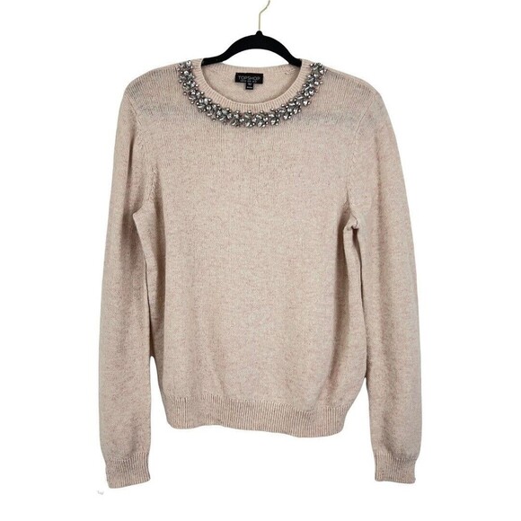 Topshop Womens Size 8 Pink Sweater with Jeweled Neckline - Picture 1 of 4